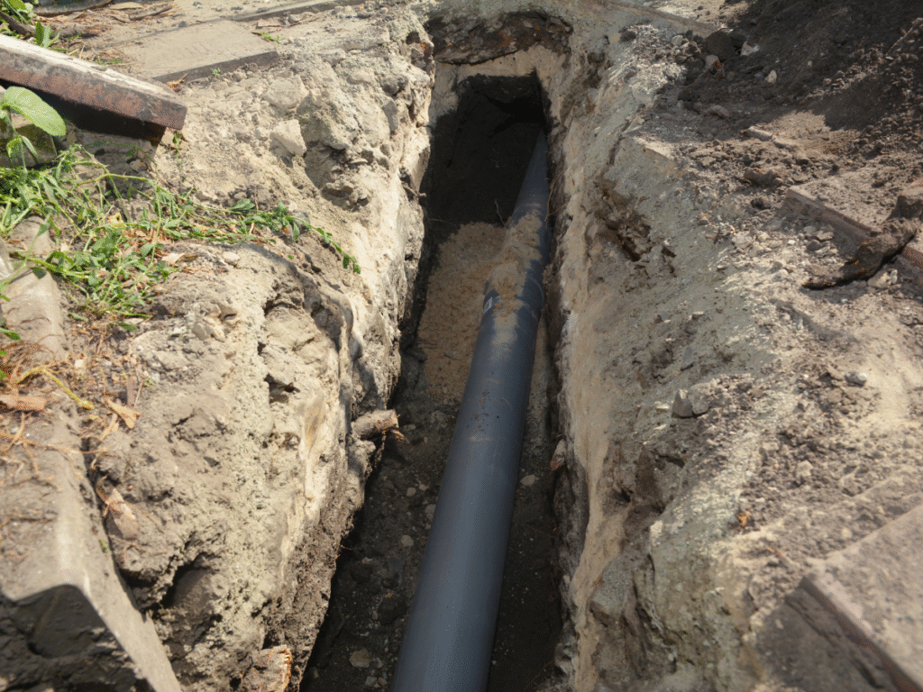 McCandless Plumbing & Excavation shows a new sewer pipe being installed as part of a professional repair service.