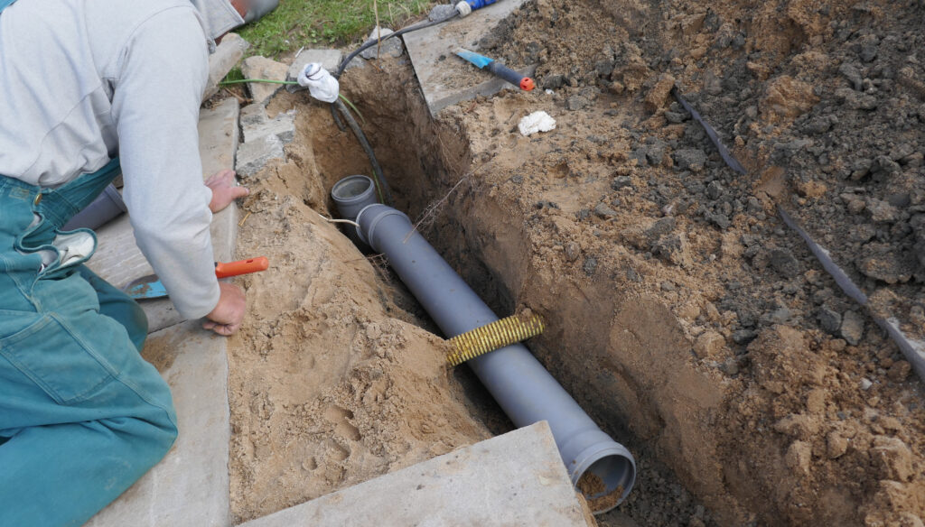 McCandless Plumbing & Excavation staff works on fixing underground pipes as part of a sewer repair project.