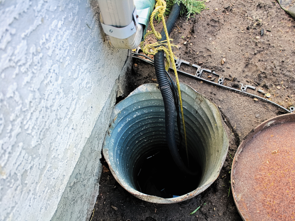 McCandless Plumbing & Excavation sees water pooling in drain pit, a sign that inspection or repair may be needed soon.