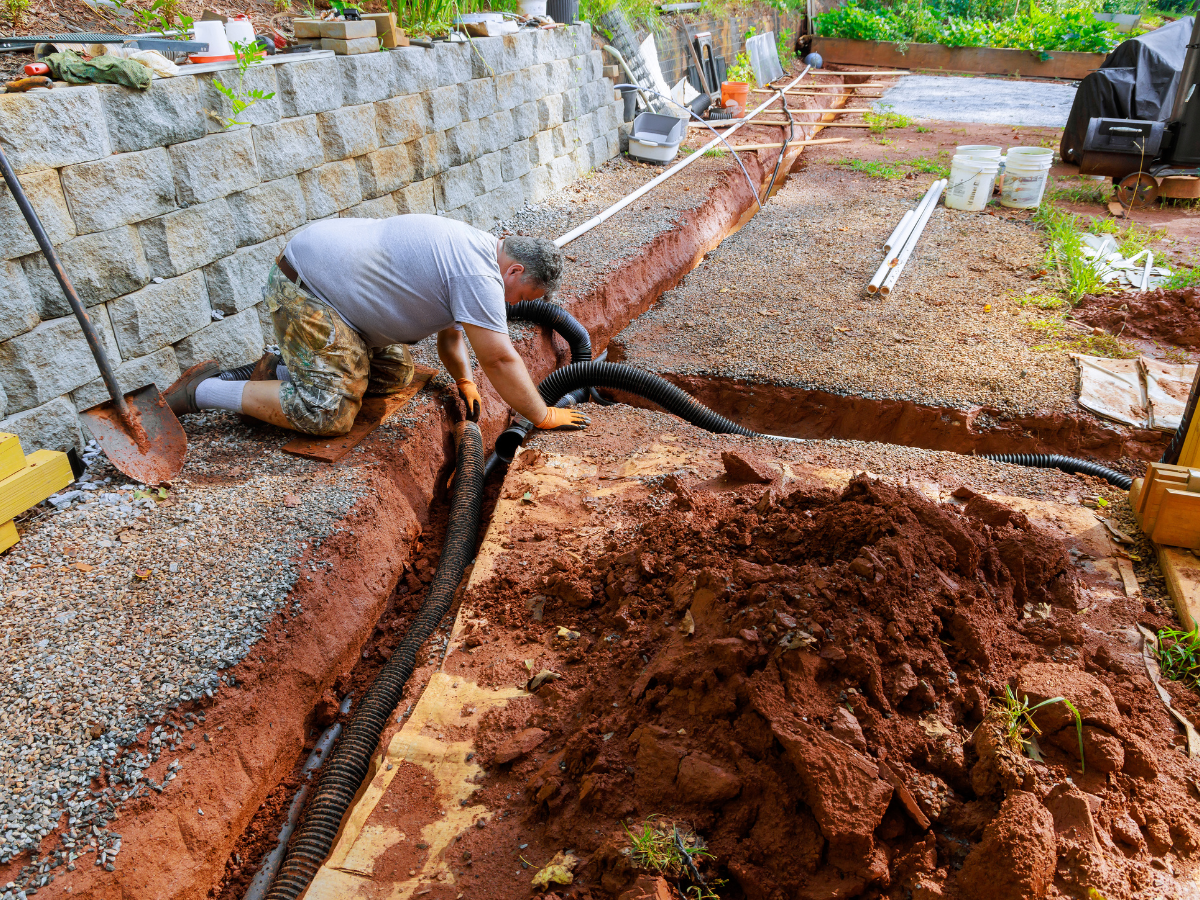 McCandless Plumbing & Excavation provides sewer repair services, showing a worker installing drainage pipe in a backyard.