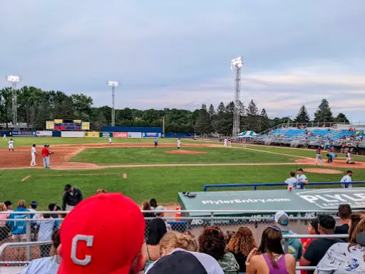 People watch a baseball game, while a fan talks about McCandless Plumbing & Excavation's sewer repair help.