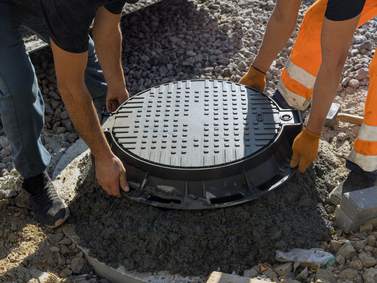 McCandless Plumbing & Excavation team repairing sewer lines by installing a manhole cover at a construction site.
