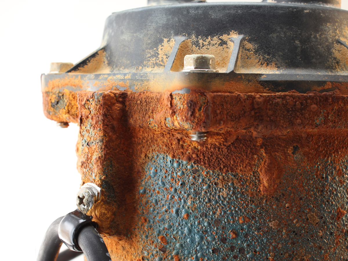 McCandless Plumbing & Excavation inspects damaged, rusted pipes with corrosion discovered during a sewer camera check.