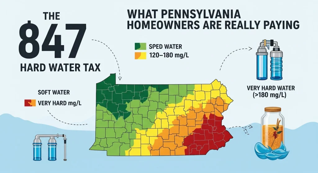 McCandless Plumbing & Excavation infographic shows where Pennsylvania has soft or hard water and highlights the hard water tax 847.