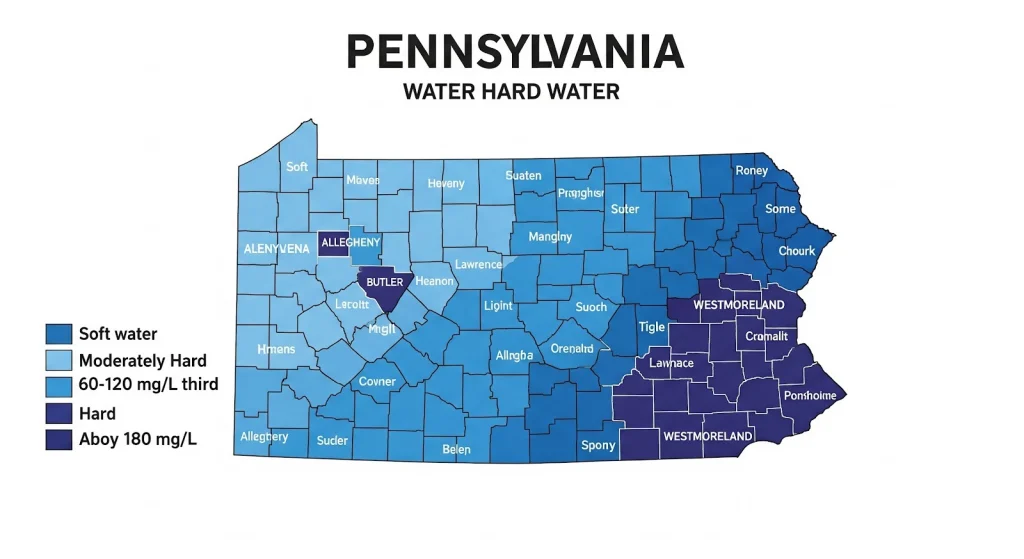 McCandless Plumbing & Excavation shows most western PA has softer water, while southeastern PA areas have harder water.