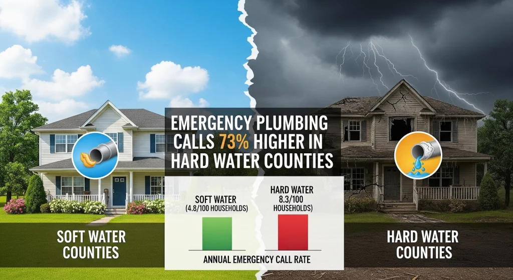 McCandless Plumbing & Excavation shows hard water areas have 73% more emergency plumbing calls than soft water areas.