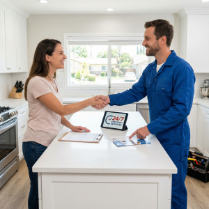 A customer thanks McCandless Plumbing & Excavation for 24/7 help as they finish needed paperwork in the kitchen.