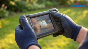 McCandless Plumbing & Excavation checks a cracked pipe using a camera monitor to find plumbing problems underground.