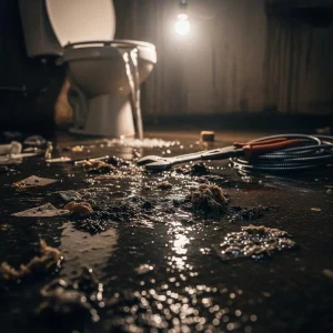 Bathroom flood showing urgent plumbing trouble needing quick help from McCandless Plumbing & Excavation.
