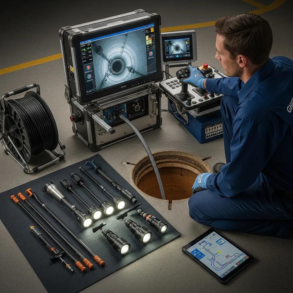 A McCandless Plumbing & Excavation tech checks pipes with inspection tools, using video to find problems underground.