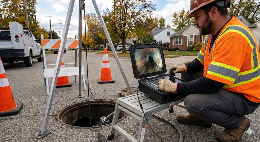 McCandless Plumbing & Excavation worker checks pipes using a camera to ensure safe plumbing repairs on a neighborhood street.