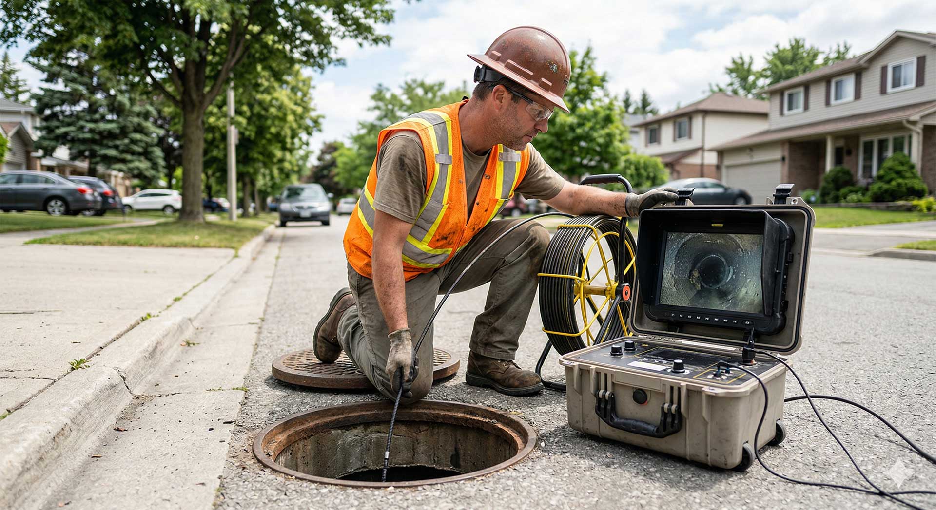 McCandless Plumbing & Excavation worker checks sewer lines for problems using camera technology on a quiet neighborhood street.
