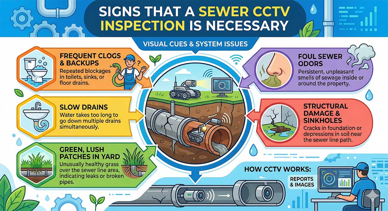 McCandless Plumbing & Excavation shows signs you may need a sewer CCTV check, like slow drains, smells, or yard changes.