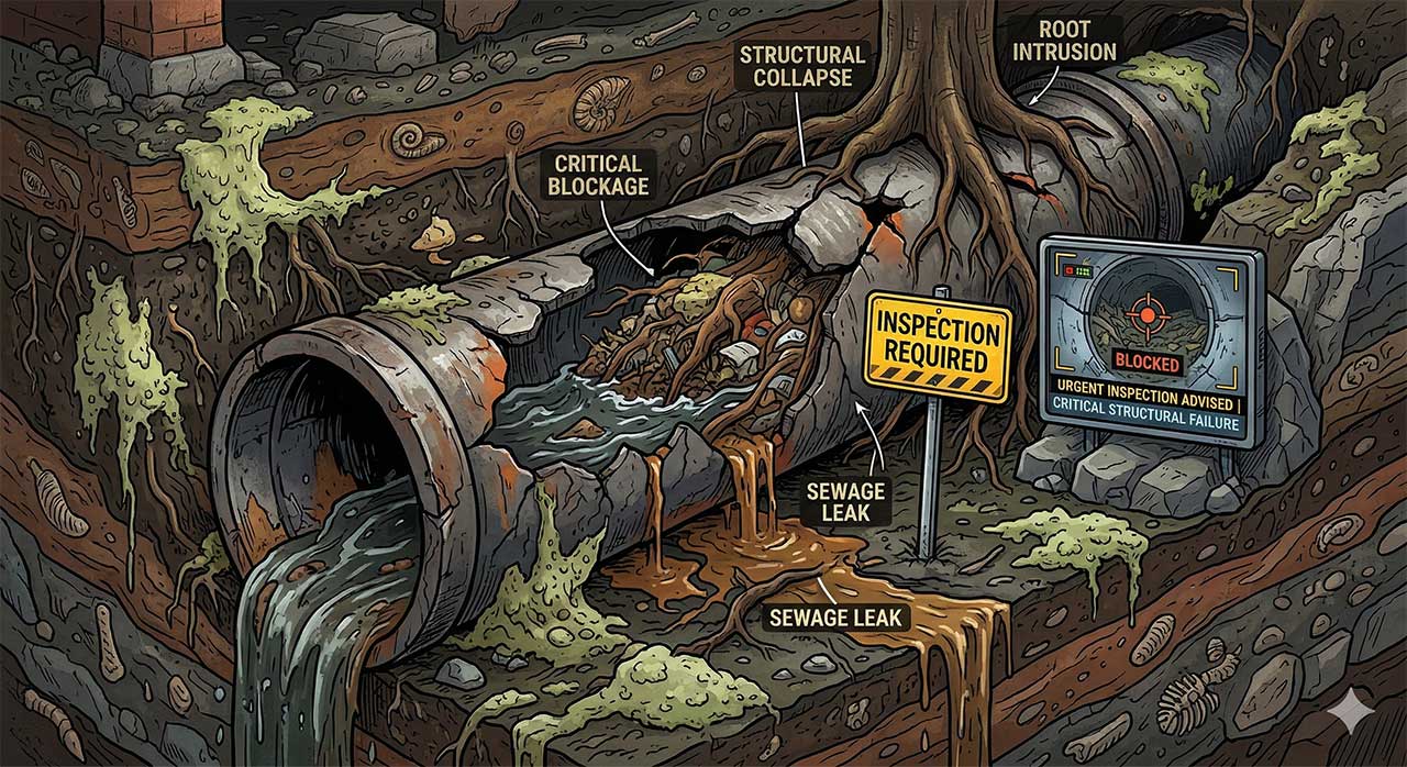 McCandless Plumbing & Excavation shows pipe damage with leaks, blockages, and roots. Inspection is needed to fix the problem.