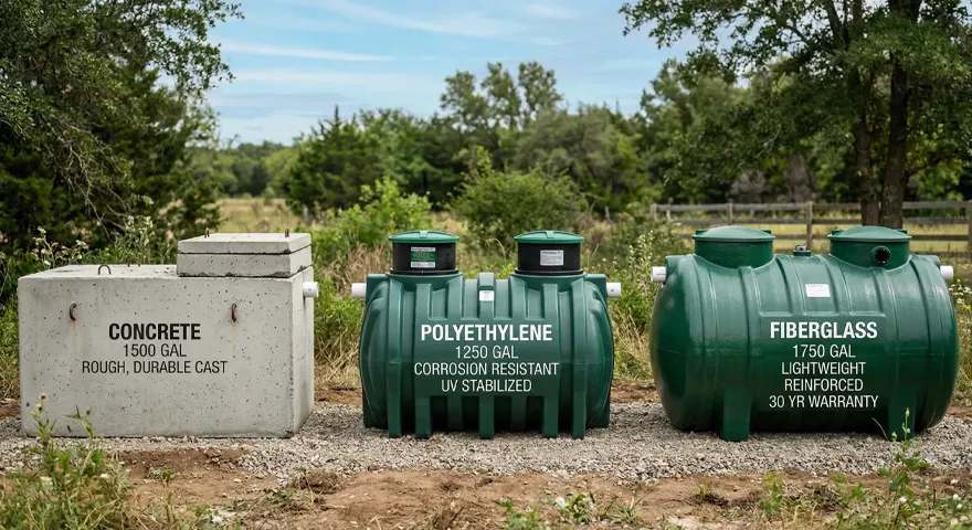 McCandless Plumbing & Excavation shows three septic tanks to compare types and sizes for home wastewater systems.
