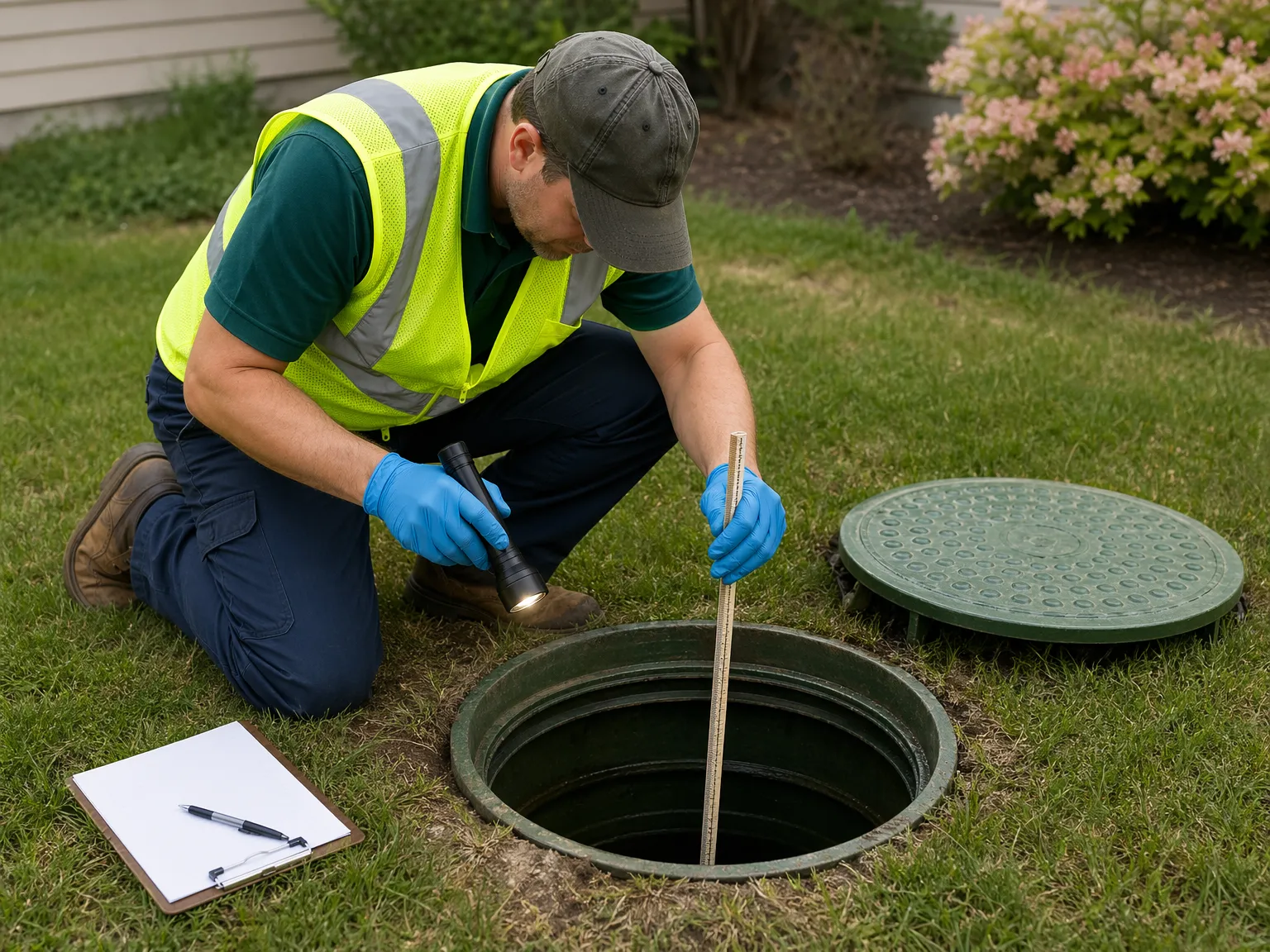 A McCandless Plumbing & Excavation worker checks a septic tank outdoors to ensure it is safe and working properly.