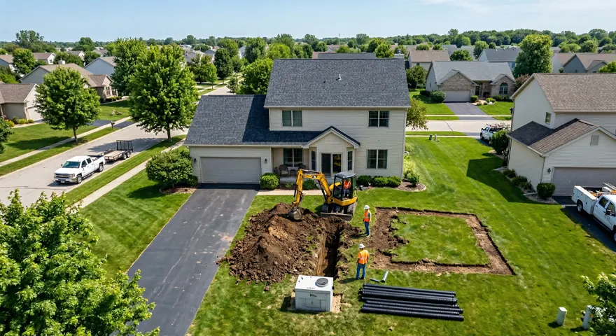 McCandless Plumbing & Excavation team fixes plumbing in a home's yard using equipment, showing expert and careful work.