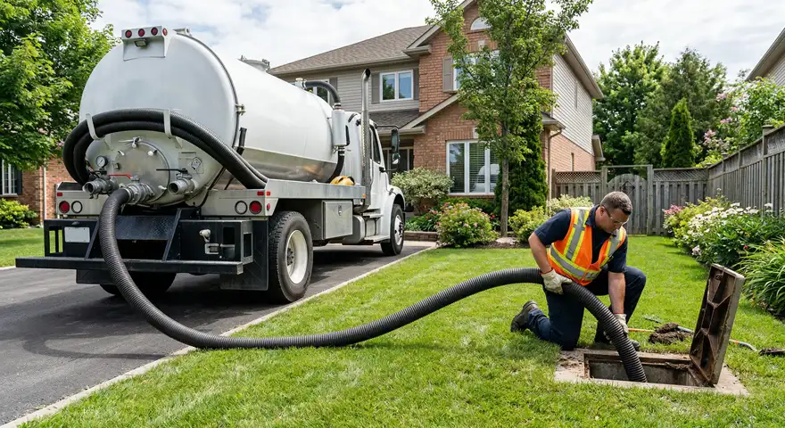 McCandless Plumbing & Excavation cleans a home's septic tank using a vacuum truck, helping maintain safe plumbing systems.