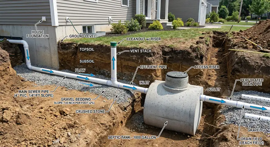 McCandless Plumbing & Excavation shows how wastewater moves from a home into the septic system and through the drain field.