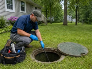 McCandless Plumbing & Excavation worker checks a septic tank outside a home, showing professional tank inspection service.