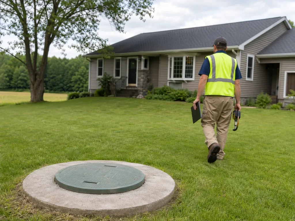 McCandless Plumbing & Excavation worker heads to a home for a septic system check, carrying tools and a clipboard.