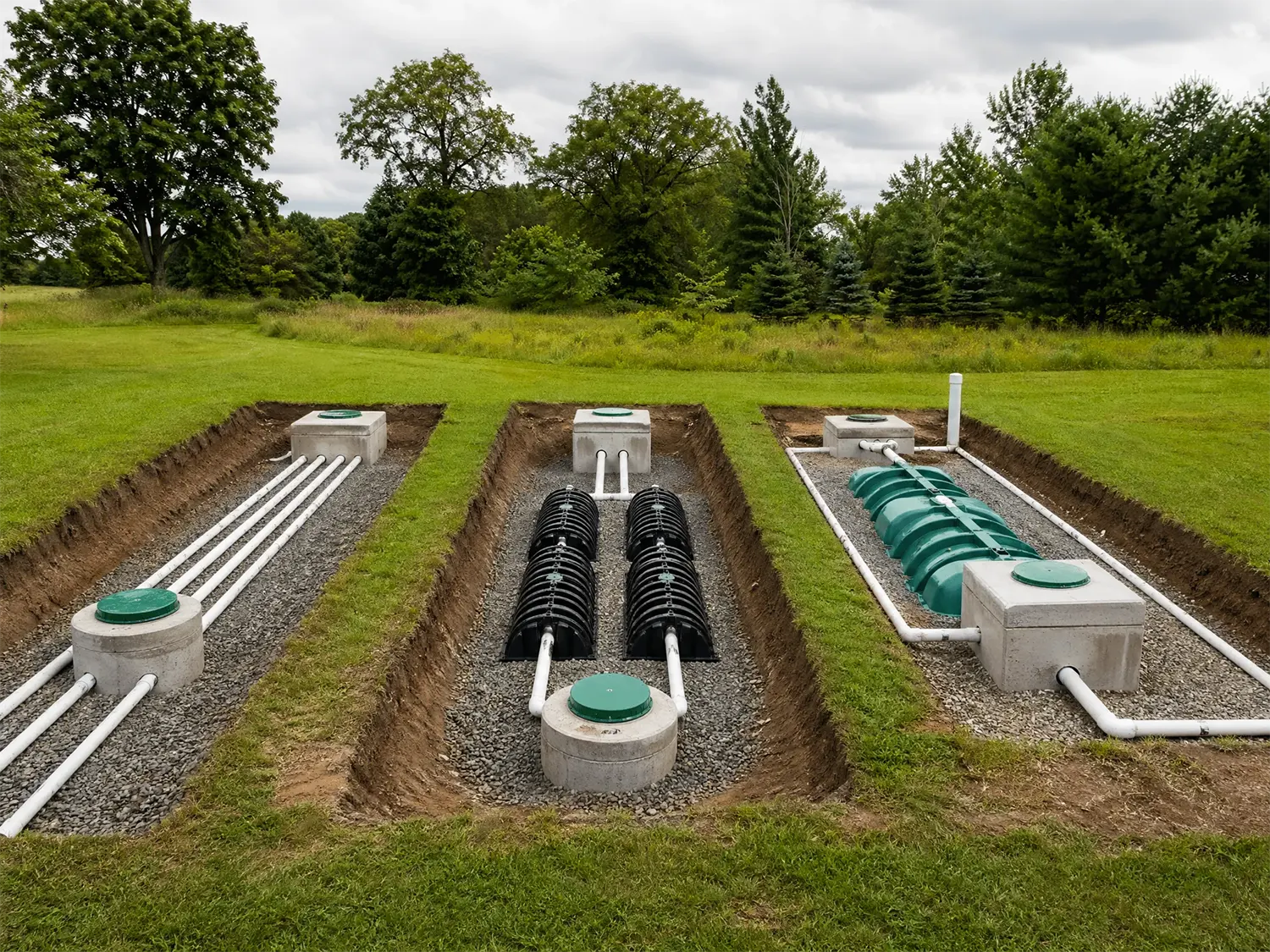 McCandless Plumbing & Excavation installs a new septic system, showing progress during outdoor work at a home.