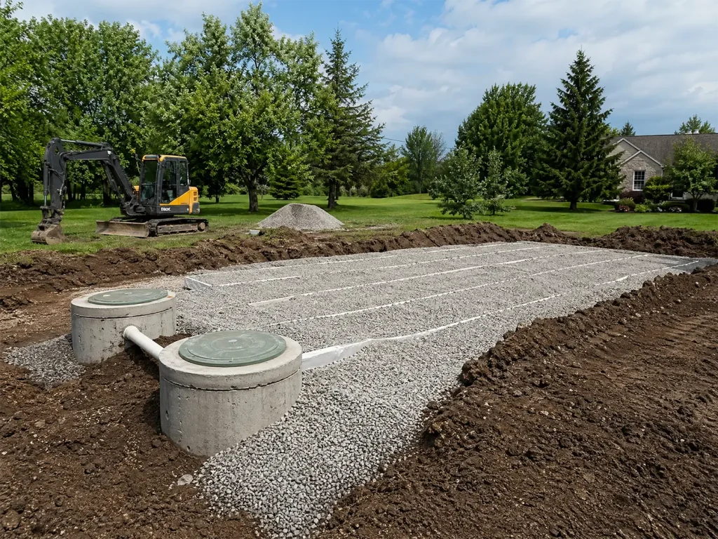 McCandless Plumbing & Excavation installs a new septic system, showing progress on tanks and pipes in a work zone.