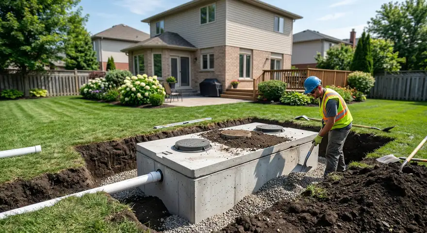 McCandless Plumbing & Excavation safely installs a concrete septic tank in a home's backyard as part of a plumbing project.