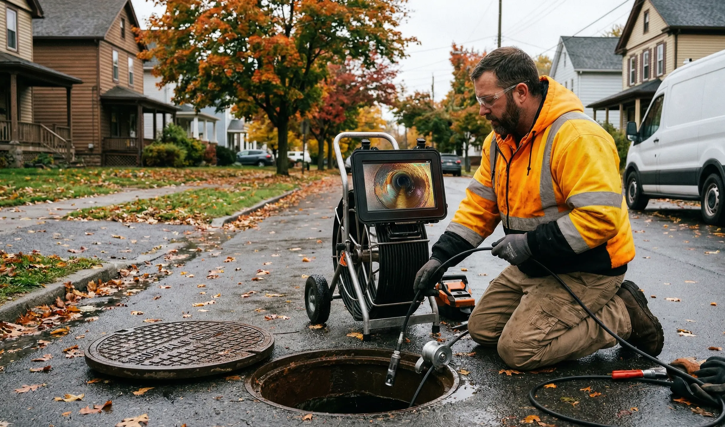 McCandless Plumbing & Excavation worker checks a manhole with a camera to inspect pipes for problems in a neighborhood.