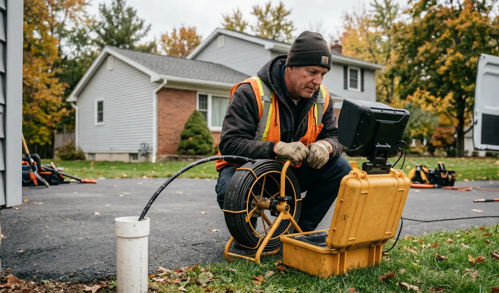 A McCandless Plumbing & Excavation worker checks a sewer camera monitor to inspect pipes at a suburban home.