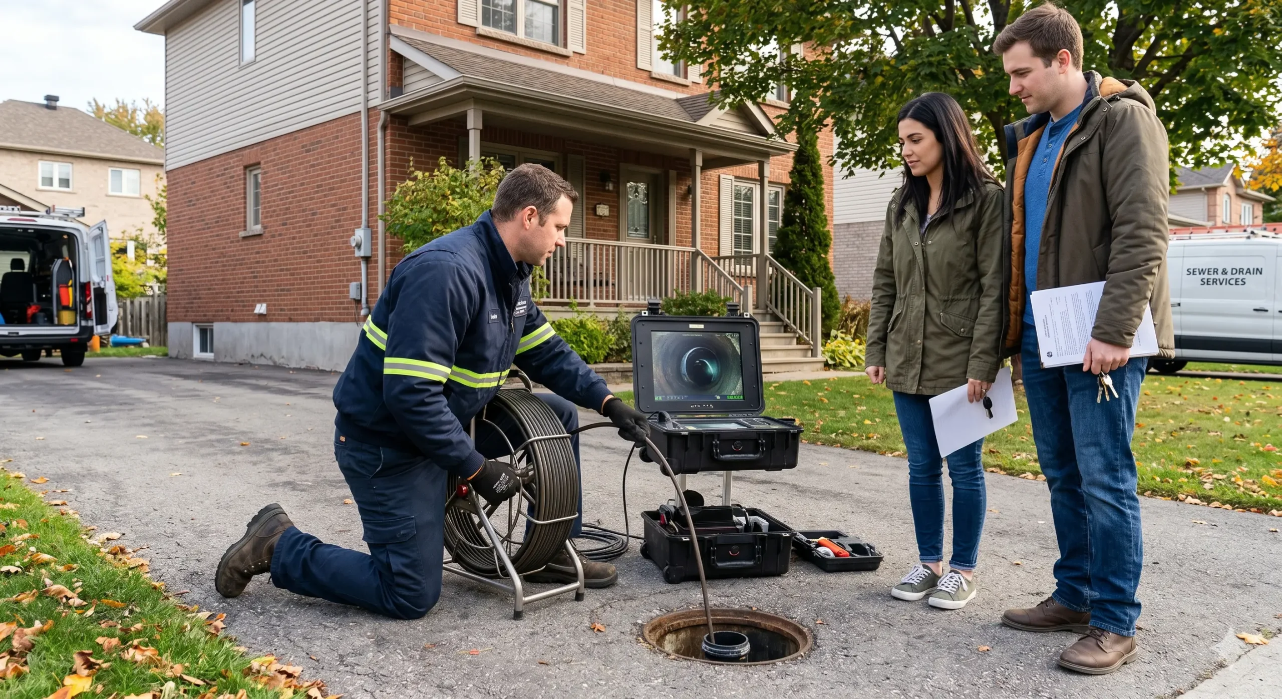 McCandless Plumbing & Excavation technician checks a home's sewer line while homeowners watch, showing local plumbing service.