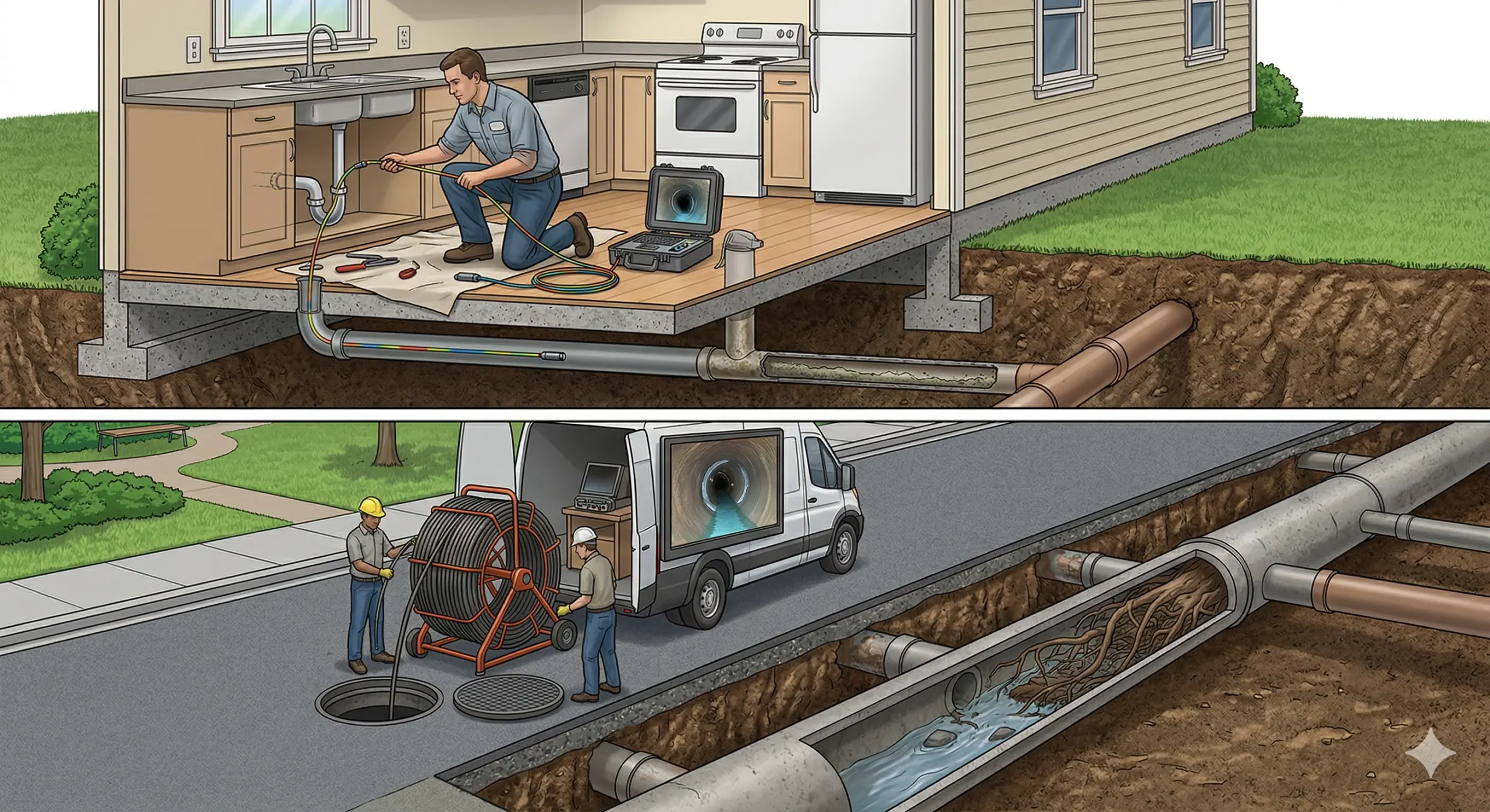 McCandless Plumbing & Excavation checks pipes inside and outside homes to find clogs or damage, even those caused by tree roots.