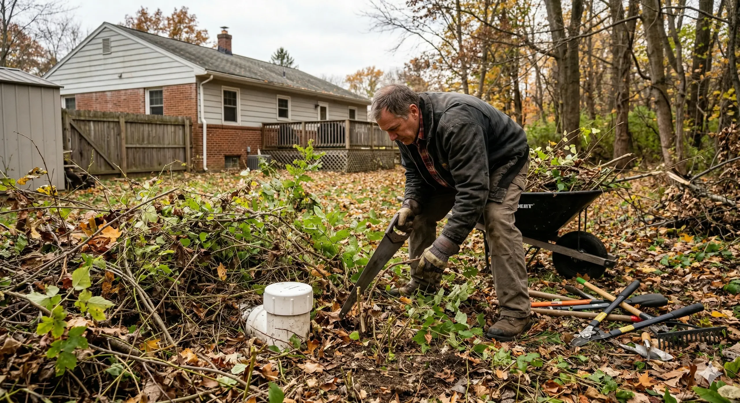 A worker from McCandless Plumbing & Excavation cleans up a yard, showing care for outdoor and home maintenance needs.