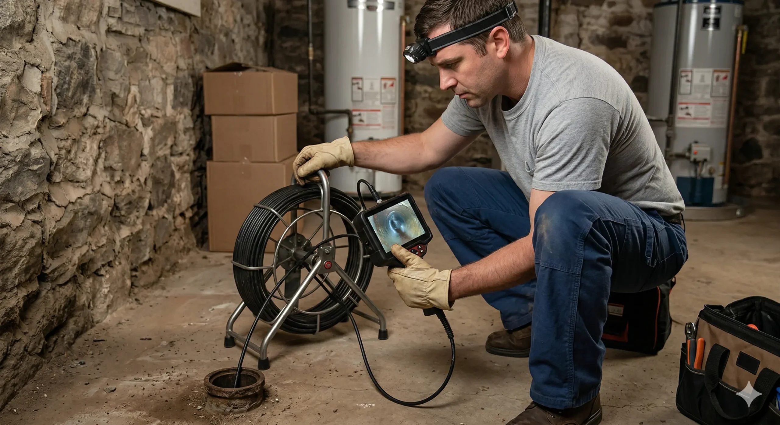 McCandless Plumbing & Excavation inspects basement pipes with a camera to find issues and ensure proper plumbing care.