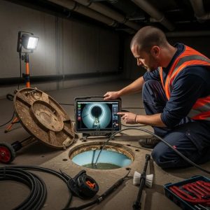 McCandless Plumbing & Excavation staff uses a tablet to check pipe inspection footage, ensuring safe and expert service.