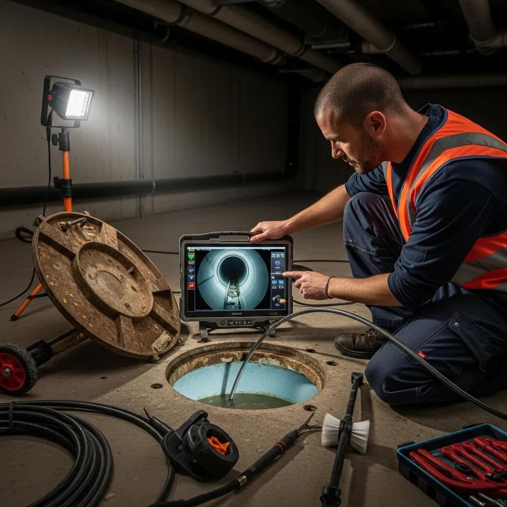 McCandless Plumbing & Excavation staff uses a tablet to check pipe inspection footage, ensuring safe and expert service.