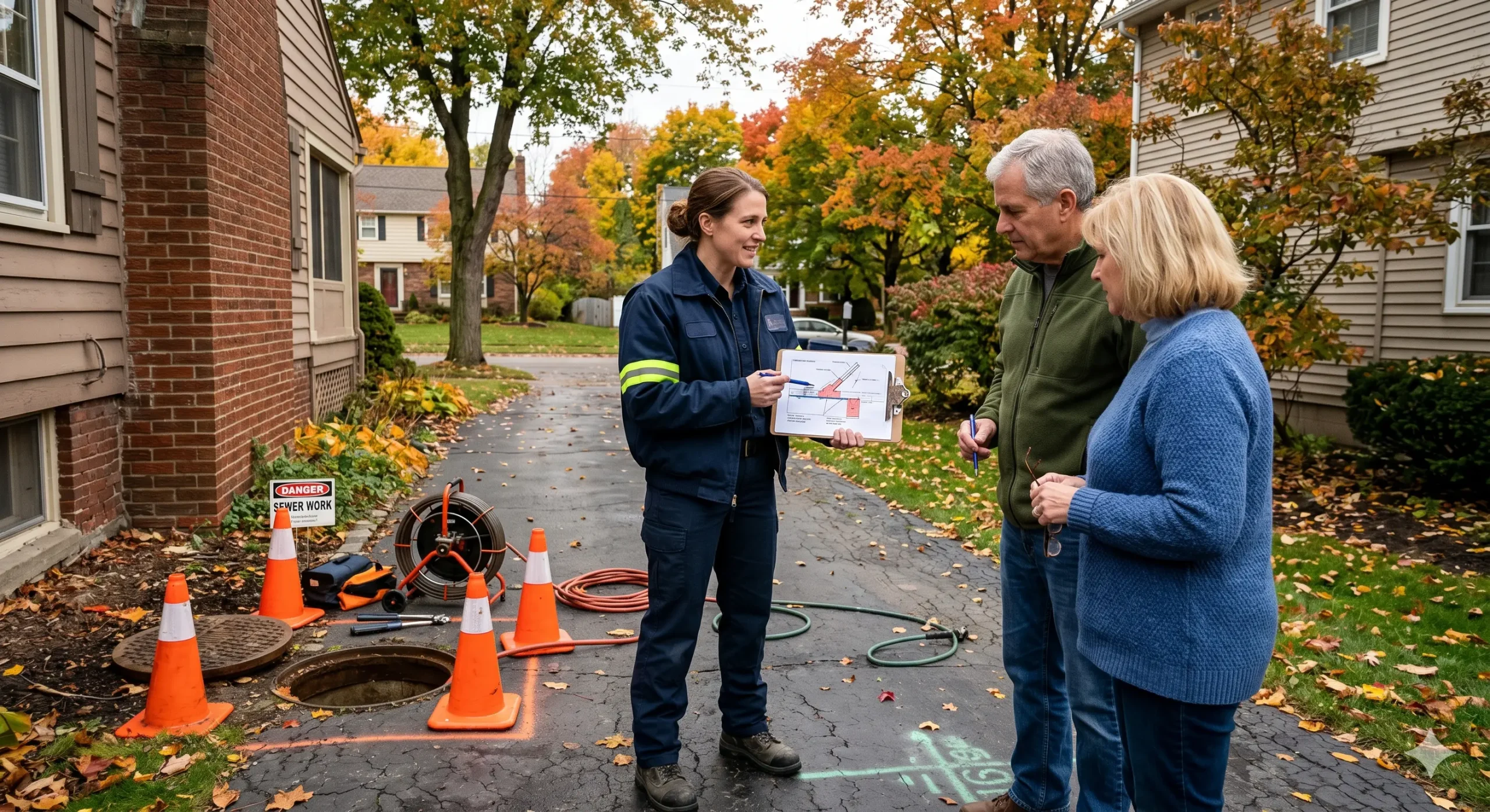 A McCandless Plumbing & Excavation worker explains repair plans to two residents during a neighborhood project.