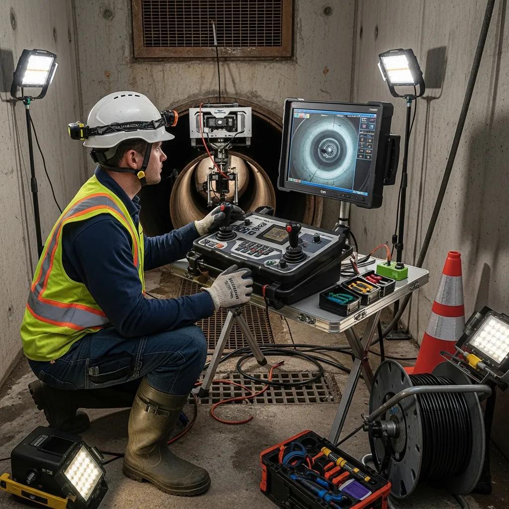 McCandless Plumbing & Excavation worker checks pipe inside view on a screen, ensuring safe and careful inspection with technology.