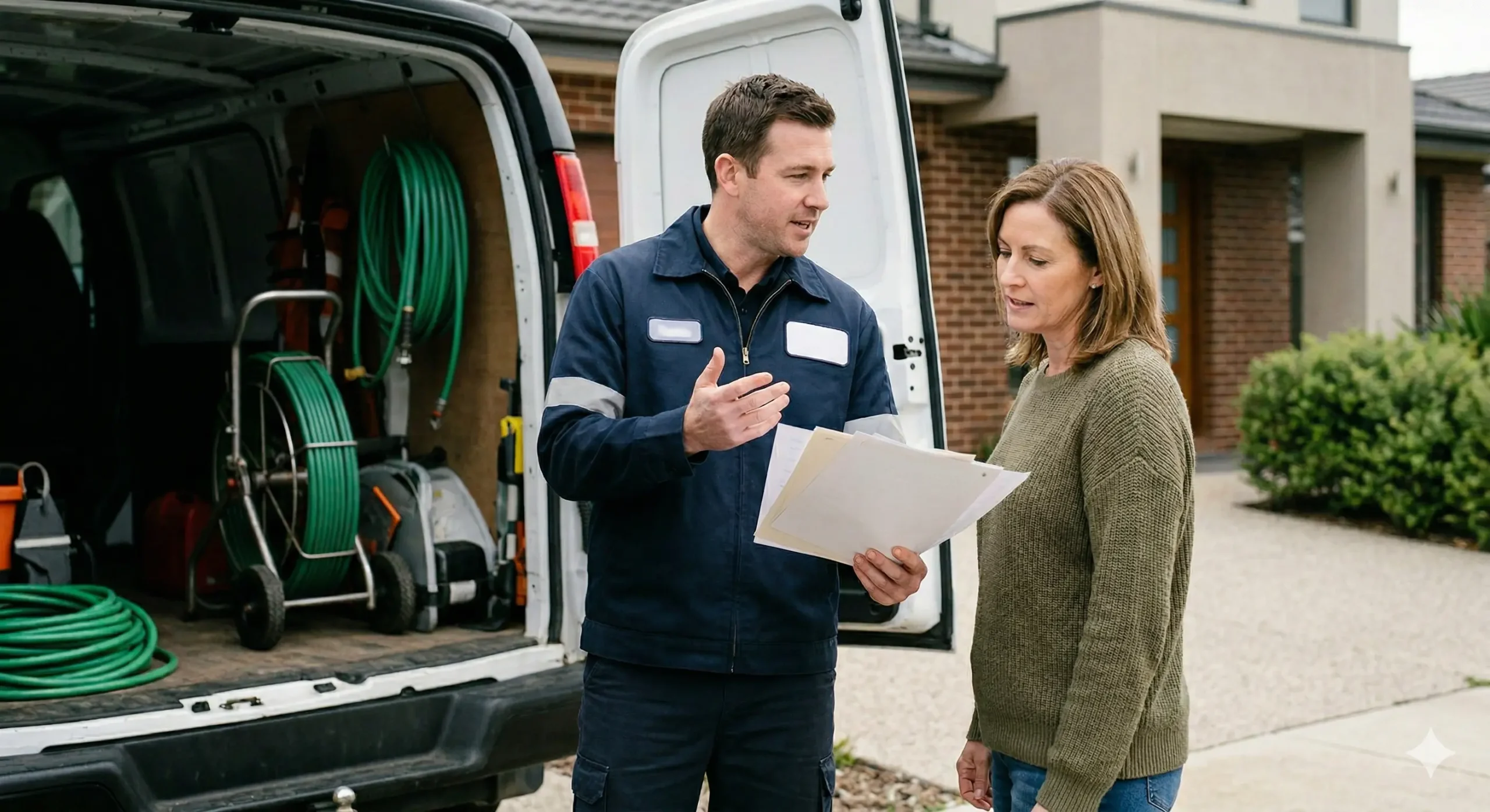 A McCandless Plumbing & Excavation worker discusses a service visit with a homeowner at their residence.