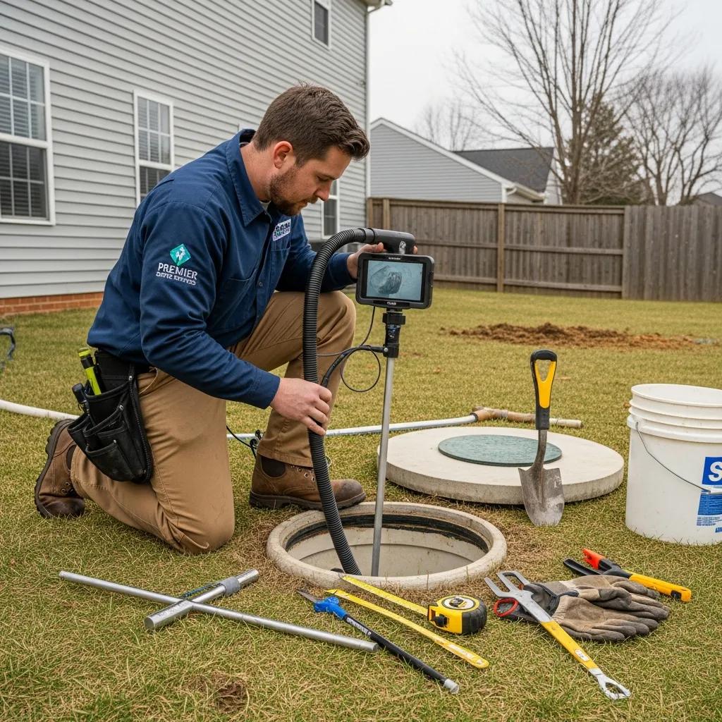 McCandless Plumbing & Excavation worker checks a septic tank using a camera tool to ensure it works safely for the home.