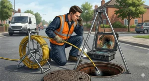 McCandless Plumbing & Excavation checks sewer pipes using a camera and laptop to make sure everything is working right.