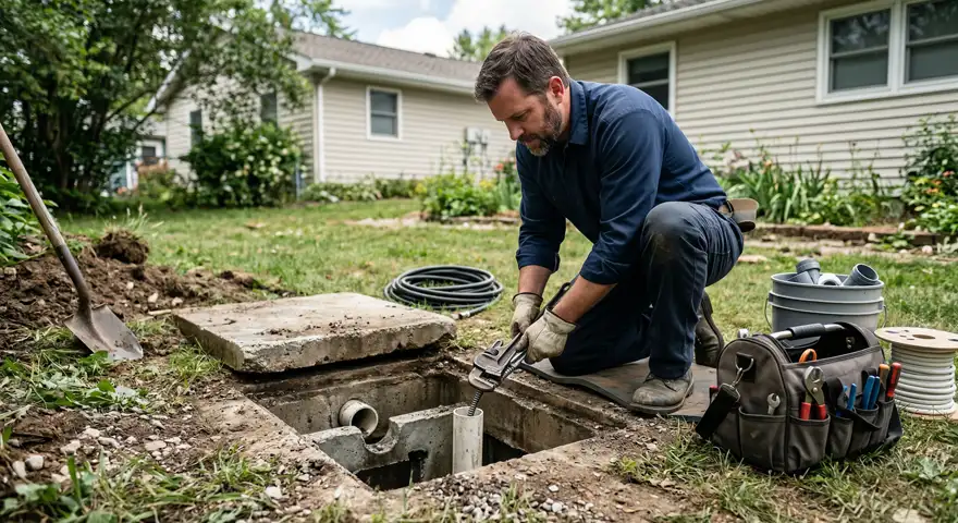 A McCandless Plumbing & Excavation worker fixes an outdoor utility box, helping keep septic systems safe for a family home.