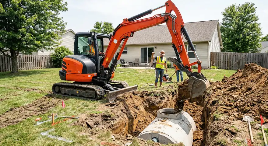 McCandless Plumbing & Excavation installs concrete pipes in a backyard while workers supervise to ensure safe, quality work.