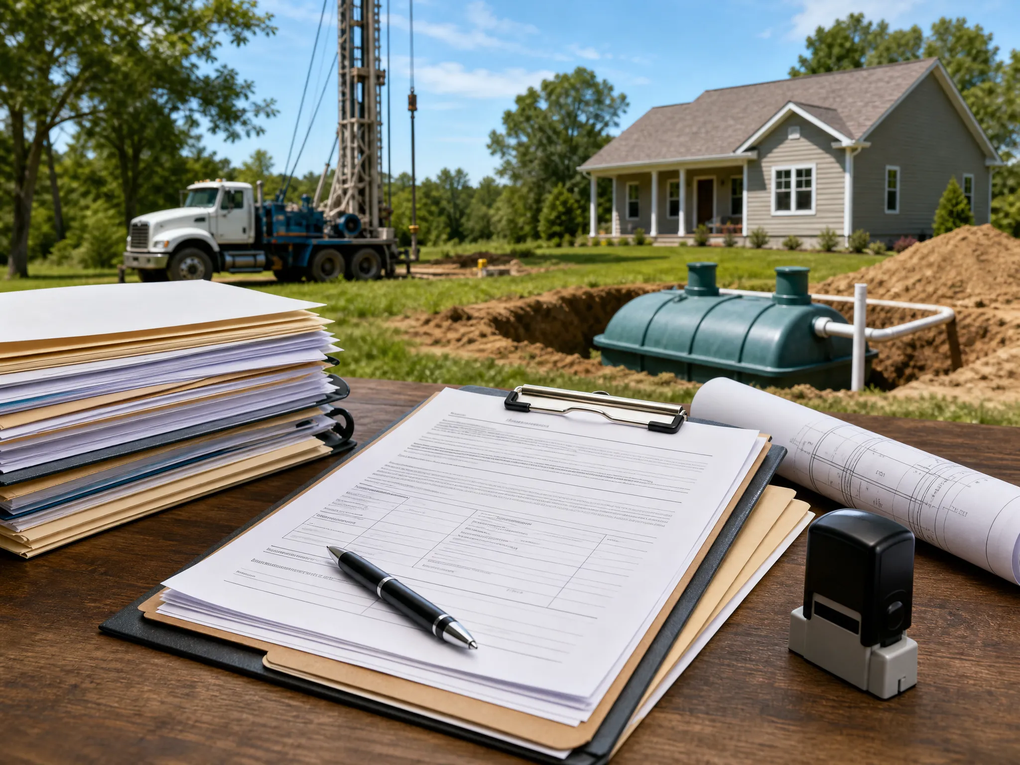 McCandless Plumbing & Excavation helps with septic tank installations and paperwork at a home construction site.