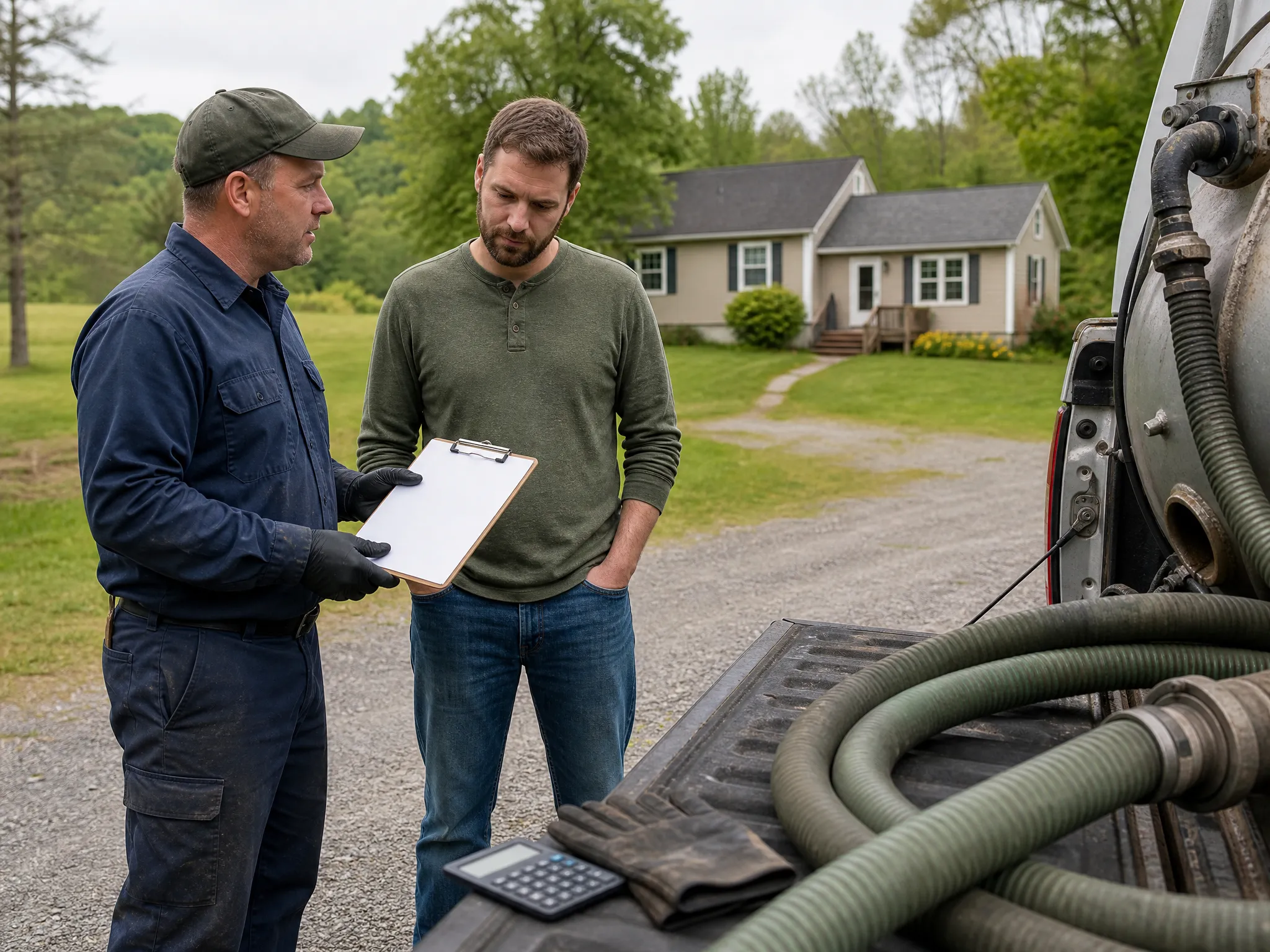 McCandless Plumbing & Excavation team explains a job to a customer outside a home, showing helpful service.