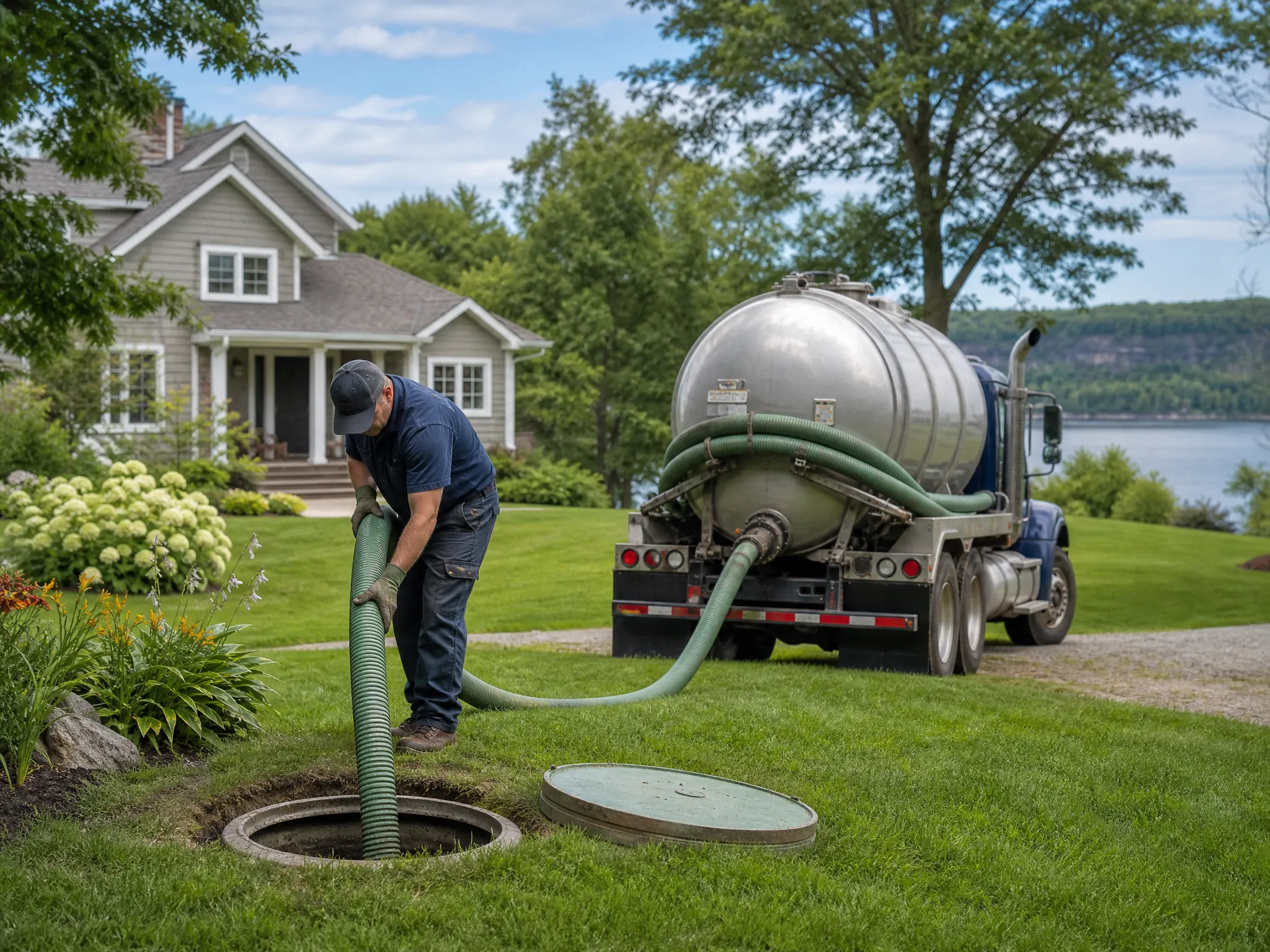 McCandless Plumbing & Excavation worker pumps out a home's septic tank using a hose to help keep the system working well.