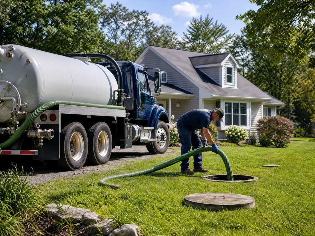 McCandless Plumbing & Excavation worker pumps a septic tank at a suburban home, showing reliable service and care.