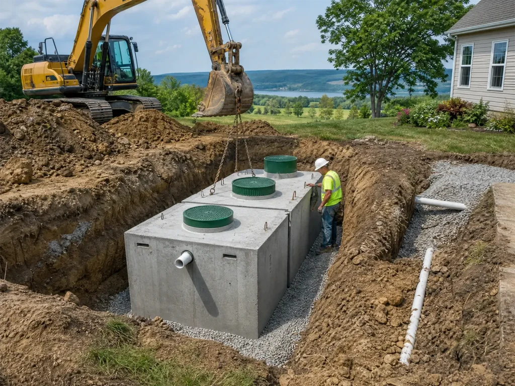 McCandless Plumbing & Excavation installs a new concrete septic tank, helping homeowners get reliable sanitation systems.