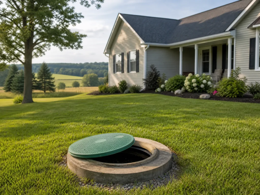 McCandless Plumbing & Excavation fixing a septic tank at a tidy home, showing reliable and careful service.