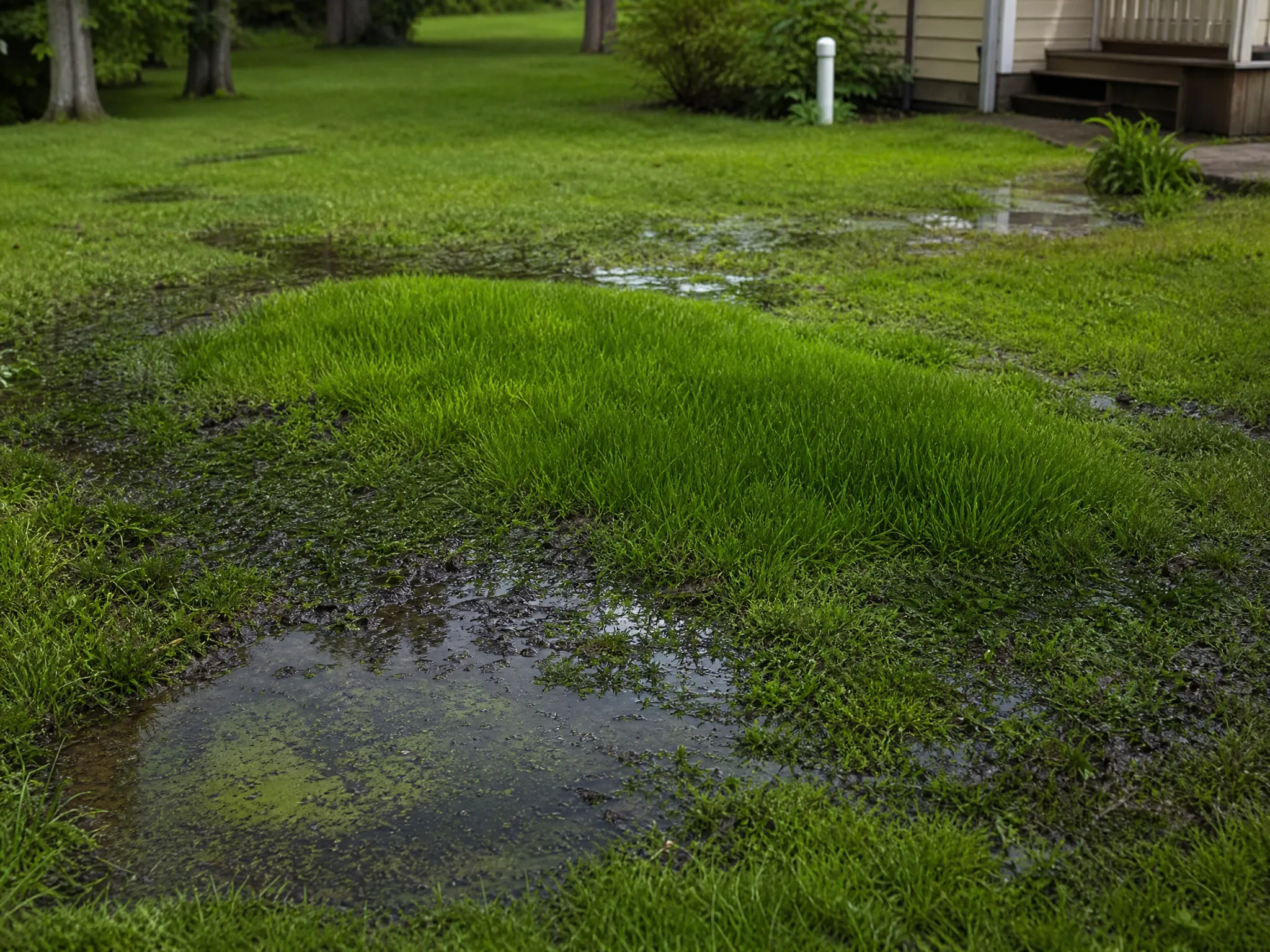 Yard shows poor drainage with water pooling. McCandless Plumbing & Excavation can help fix drainage issues.